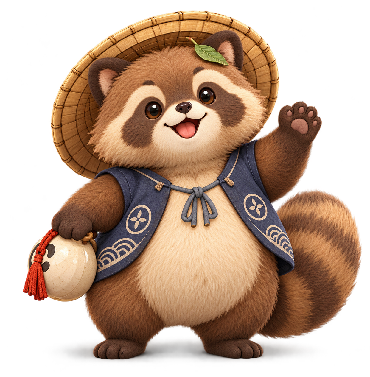 Nakama, un tanuki japonais en tenue traditionnelle, qui salue